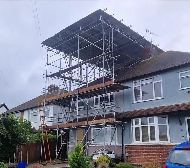 Temporary roofing system installed on residential property